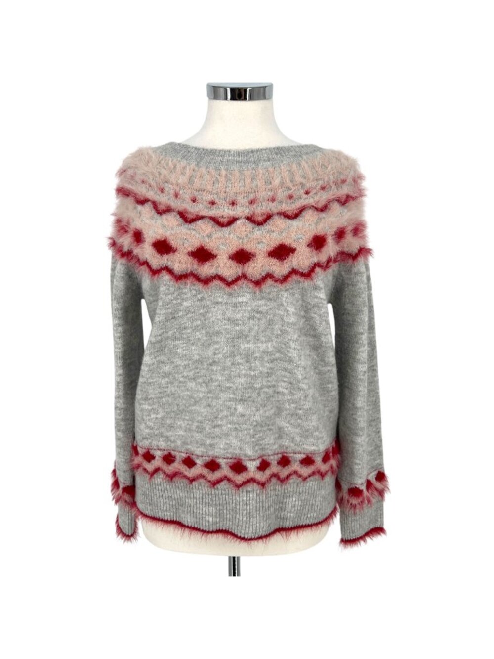 FATE Fair Isle Sweater Crewneck Gray Red Pink Size Medium Cozycore Cabincore
